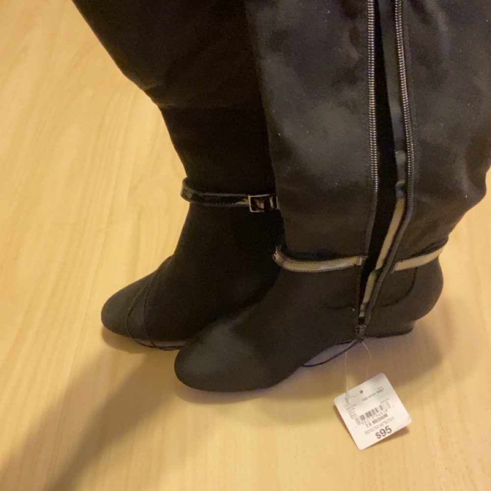 East 5th Black Over-the-Knee Wedge Boots with Ankle Strap and Side Zip